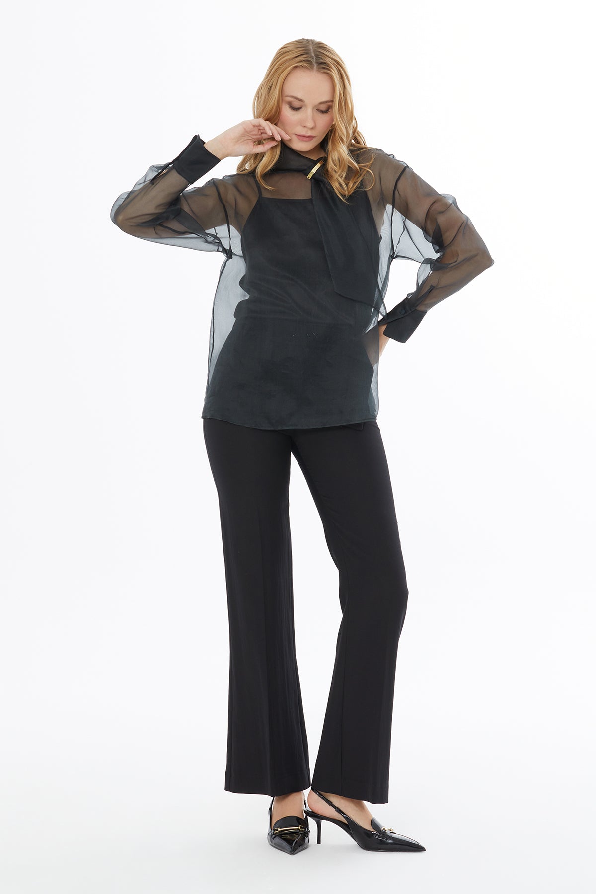 Dik Yakalı Arka Orta Düğme Kapamalı Transparan Bluz