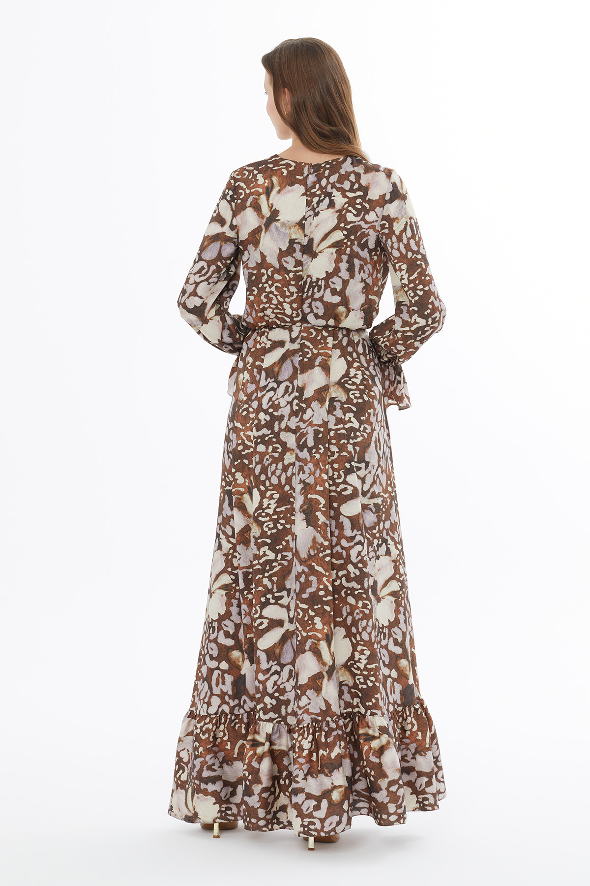 Yuvarlak Yaka Önden Kordonlu Volanlı Uzun Elbise