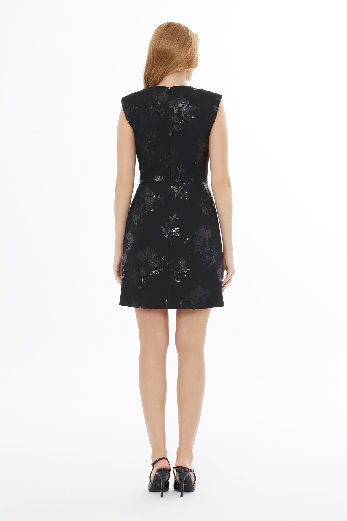 V Yaka Arkadan Fermuarlı Sıfır Kol Mini Elbise