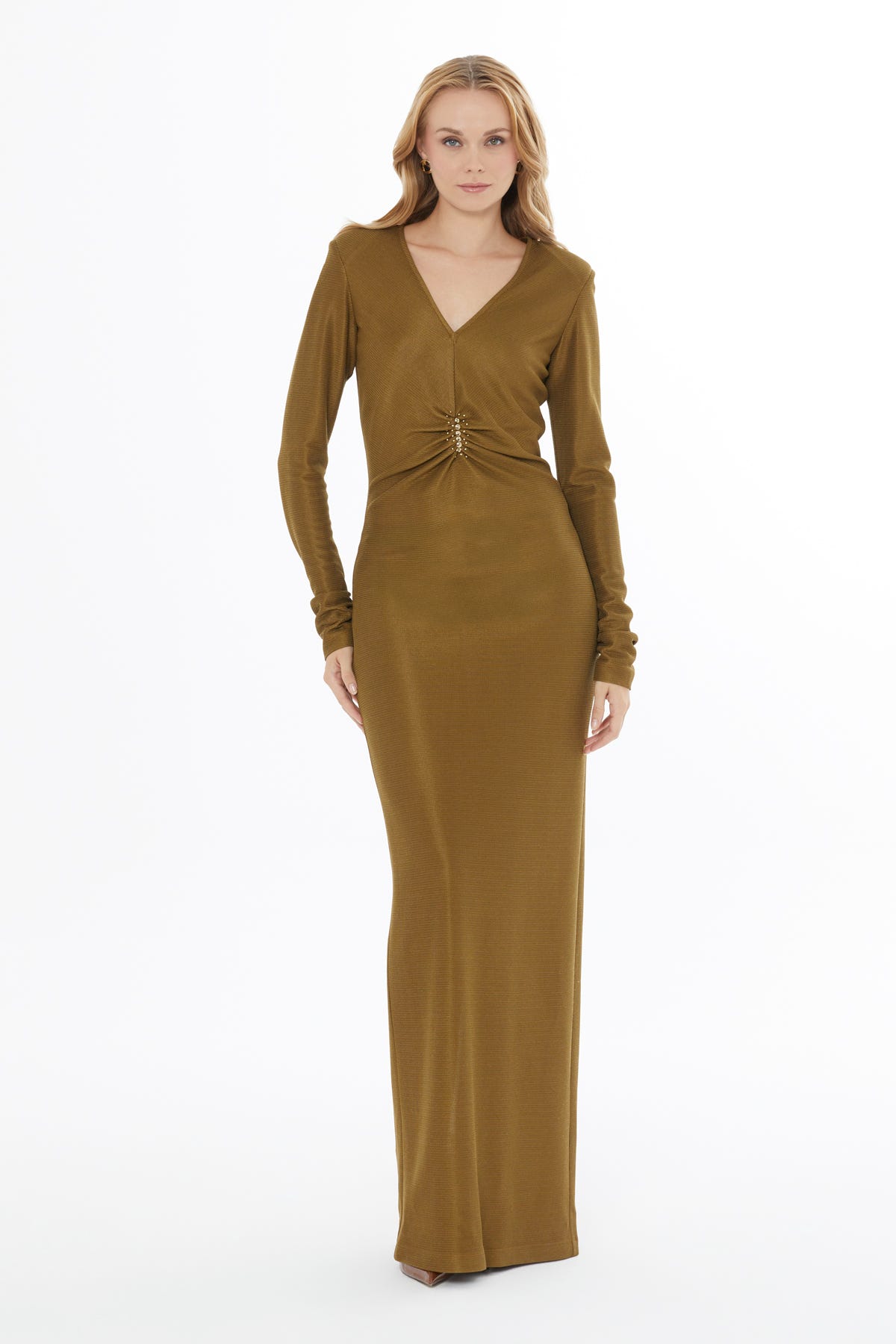 V Yaka Yırtmaçlı Büzgü Ve Boncuk Detaylı Uzun Elbise