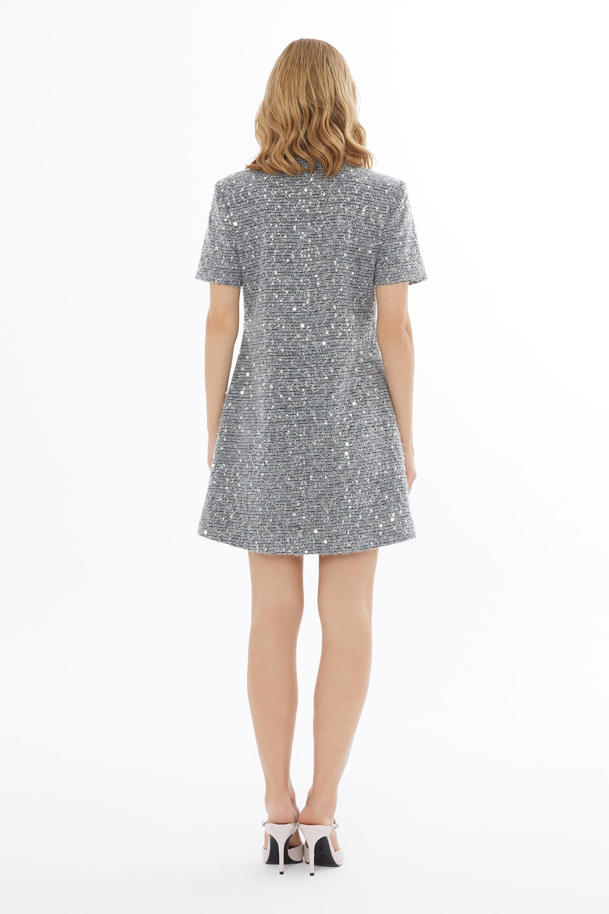 Yuvarlak Yaka Düğme Kapamalı Kısa Kollu Mini Elbise