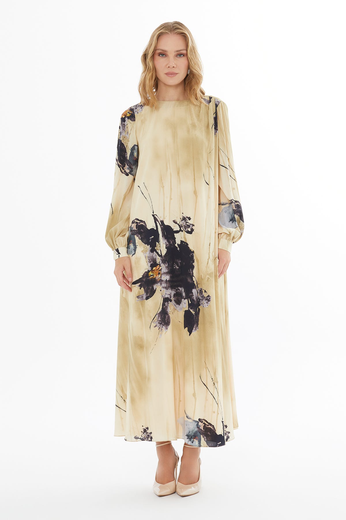 Yuvarlak Yaka Fermuar Kapamalı Maxi Kol Uzun Elbise