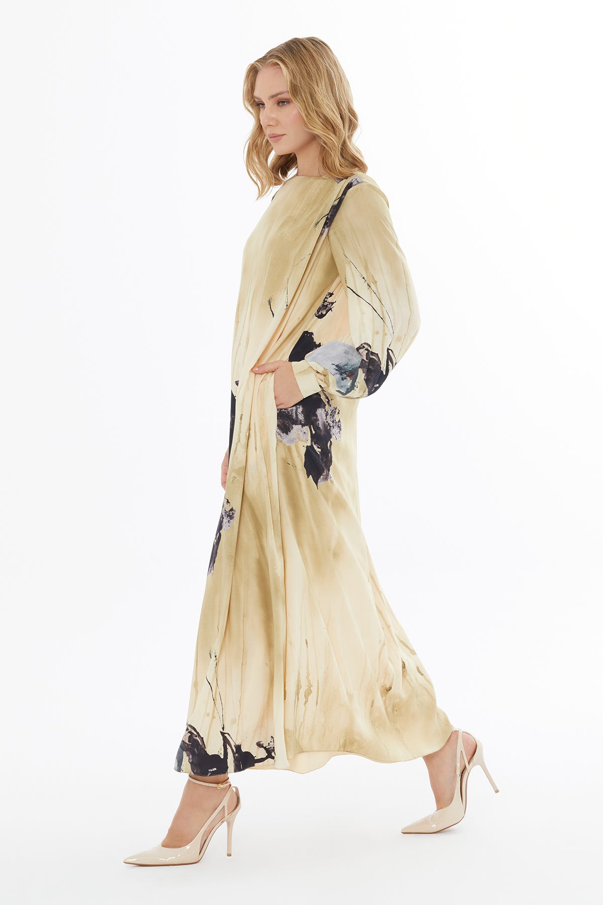 Yuvarlak Yaka Fermuar Kapamalı Maxi Kol Uzun Elbise