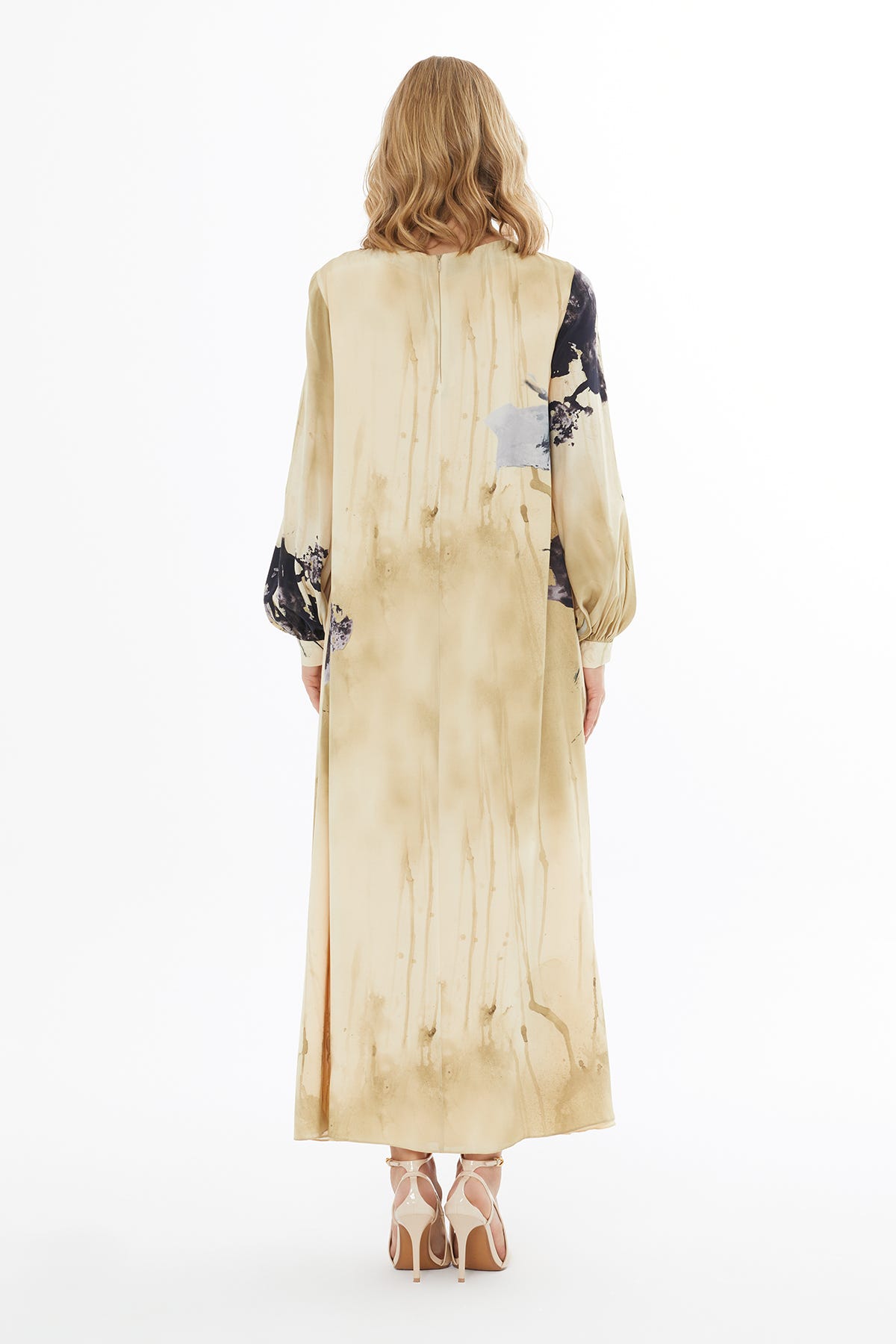 Yuvarlak Yaka Fermuar Kapamalı Maxi Kol Uzun Elbise