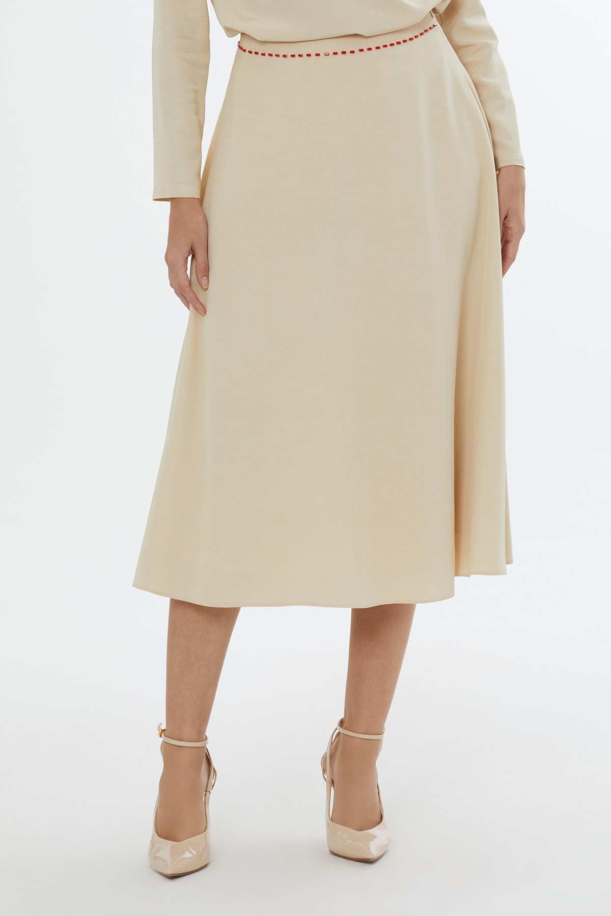 Yandan Fermuarlı Boncuk İşlemeli Kloş Etek