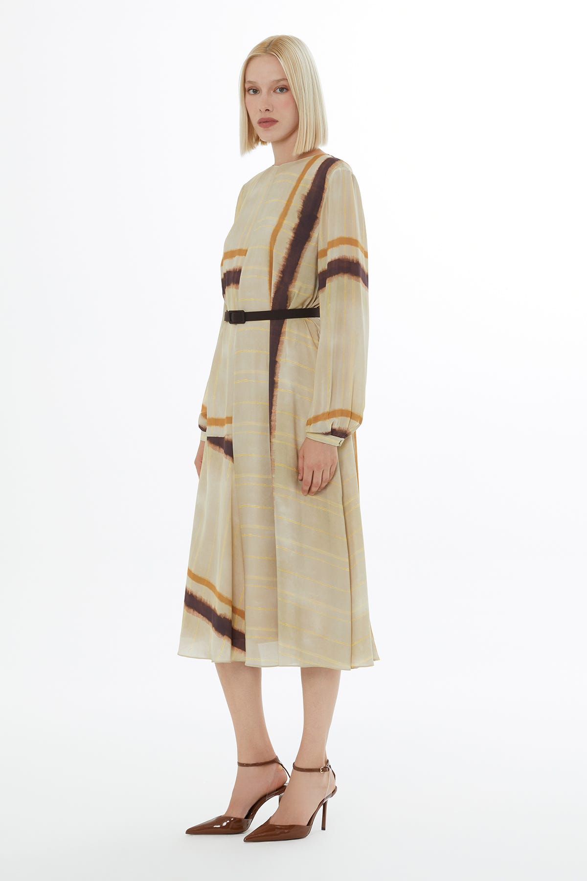 Yuvarlak Yaka Fermuar Kapamalı Midi Elbise