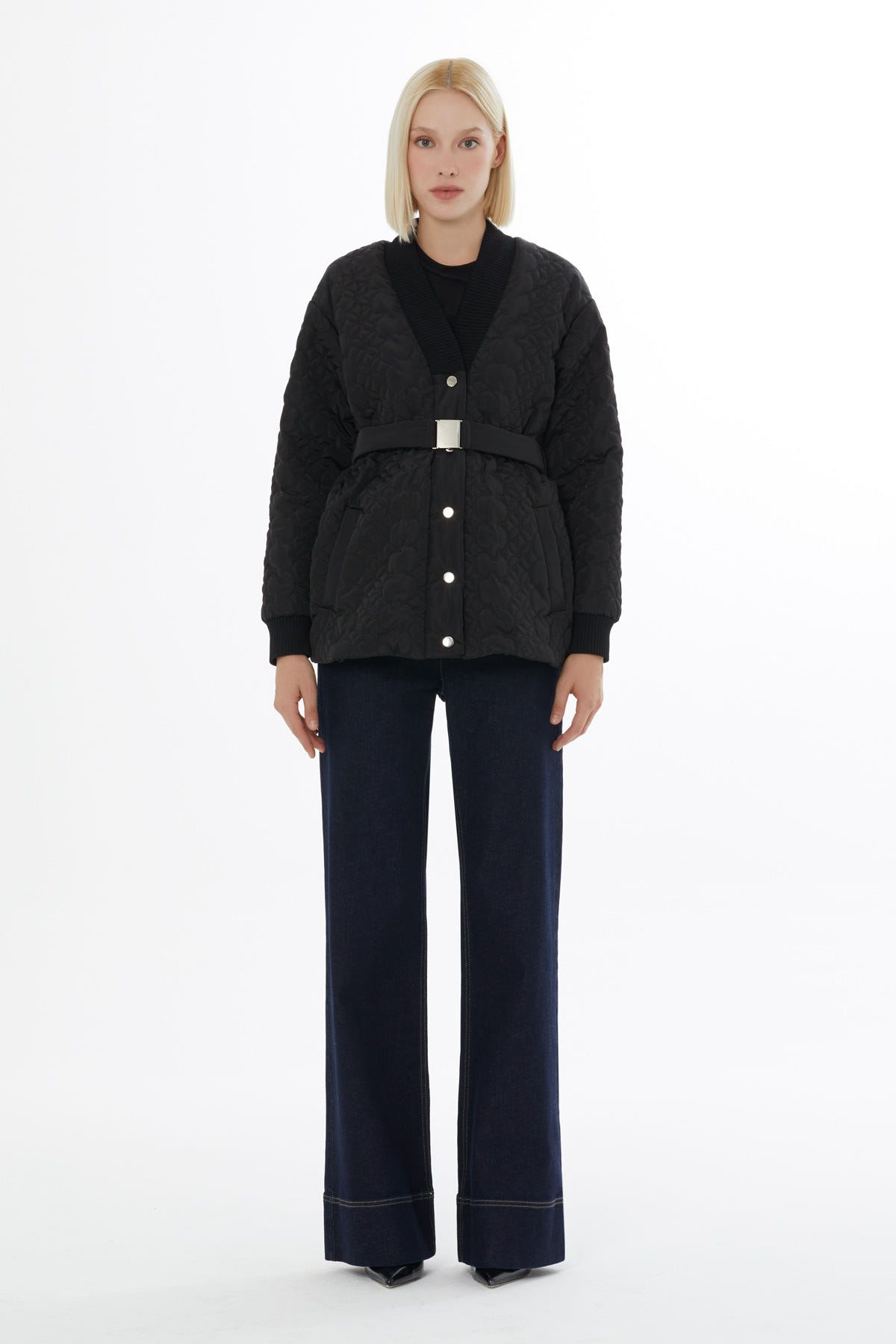 Ribanalı Çakma Çıtçıtlı Kapitone Mont