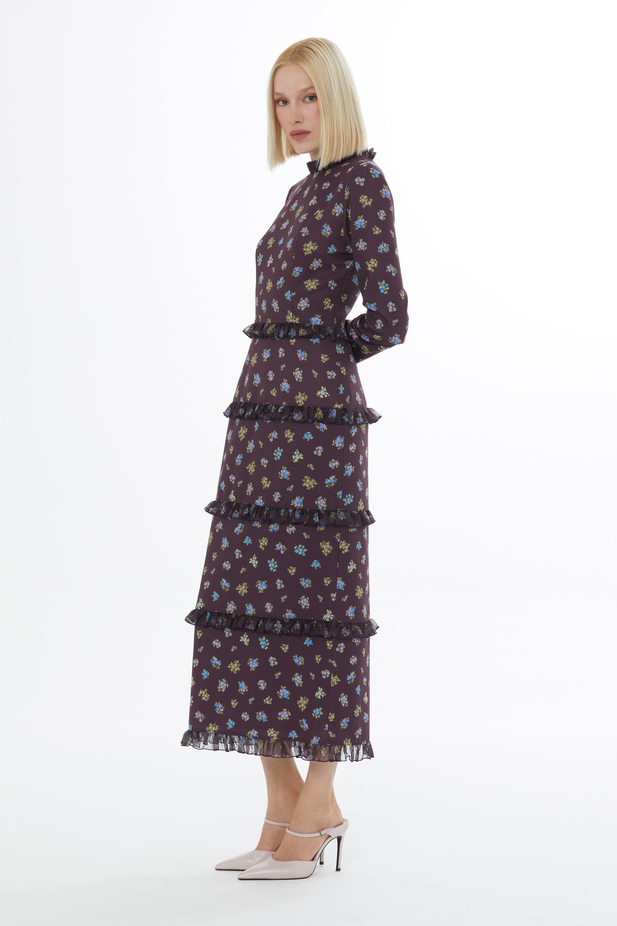 Fırfırlı Yüksek Yaka Maxi Boy Elbise