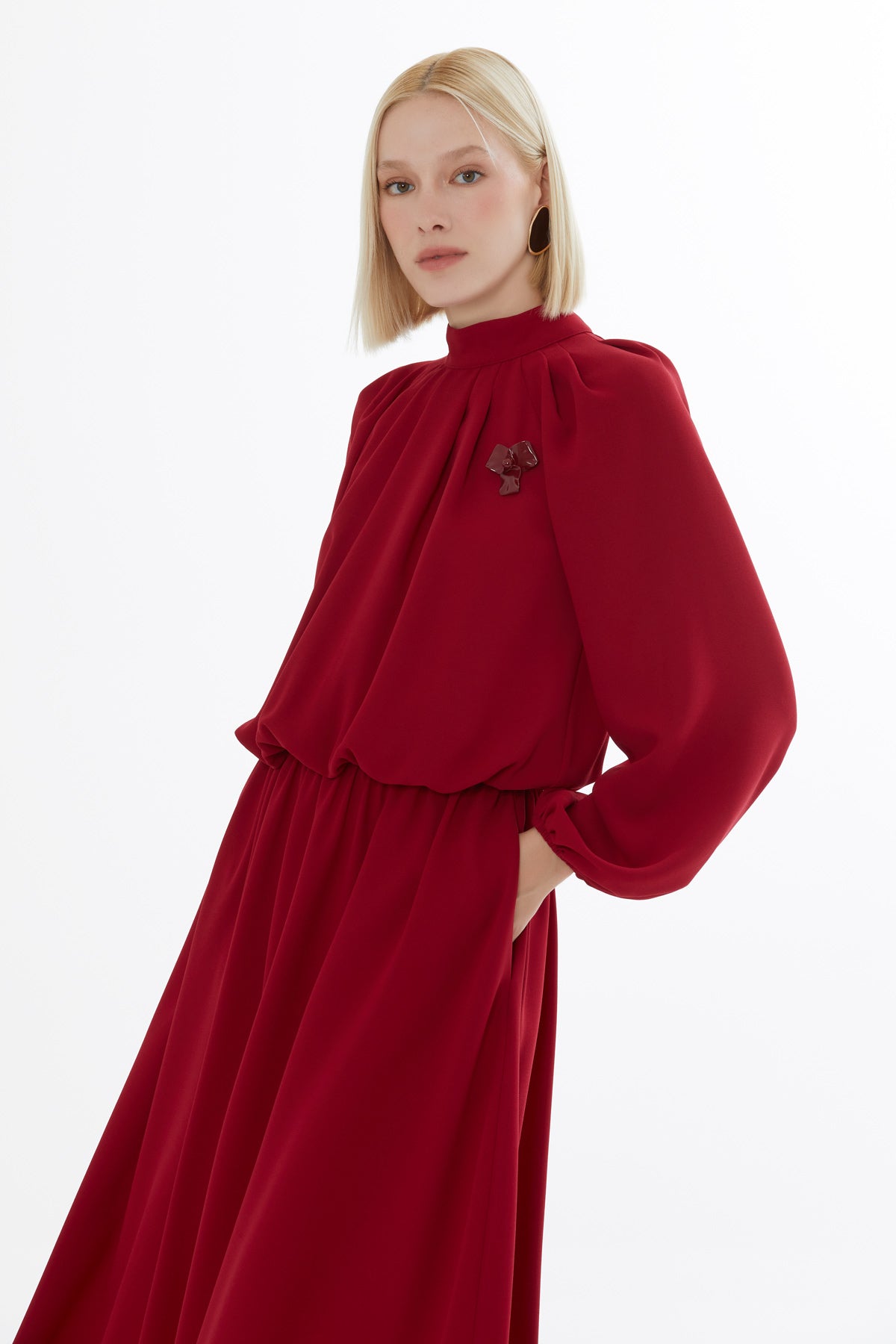 Uzun Kollu Kol Ucu Ve Belden Lastikli Uzun Elbise