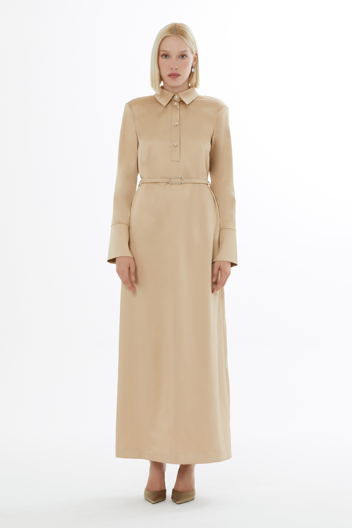 Uzun Kollu Yakalı Kemerli Uzun Elbise