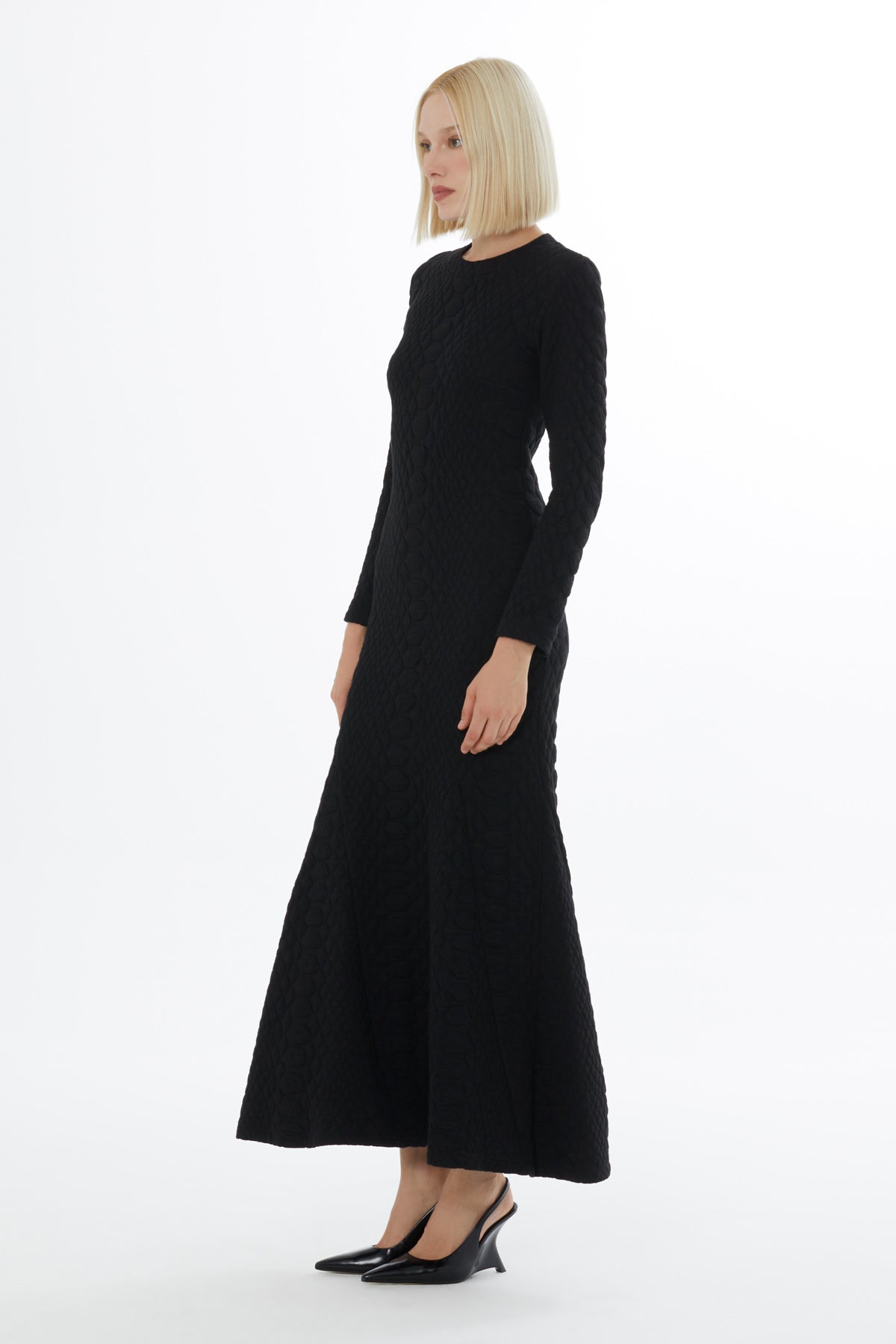 Volan Detaylı Maxi Boy Yılan Desenli  Örme Elbise