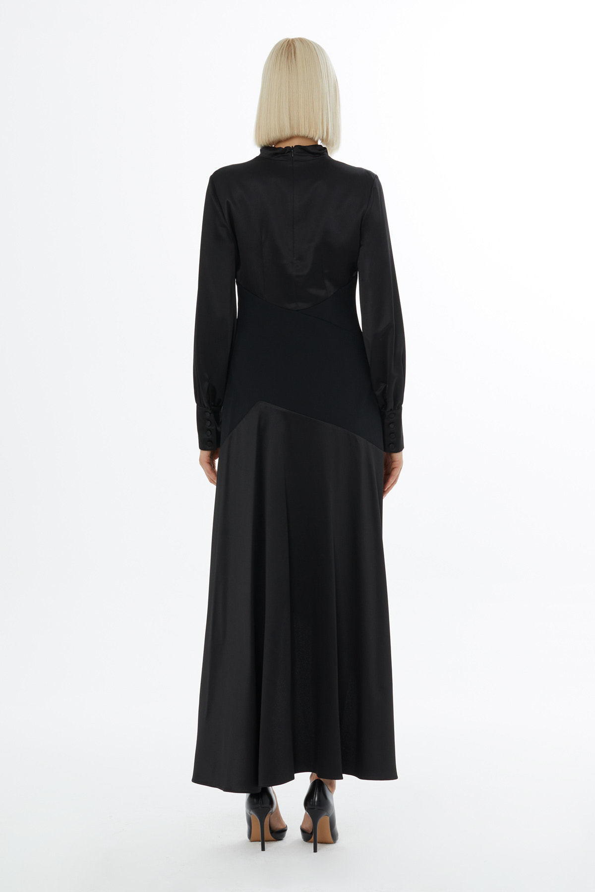 Degaje Yakalı Bel Detaylı Midi Elbise