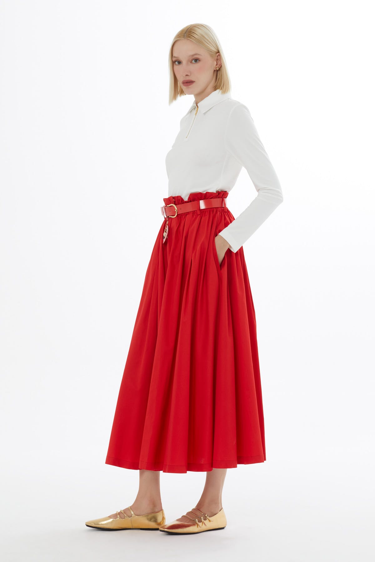 Beli Kemer Ve Lastikli Eteği Kloş Bilek Boy Etek