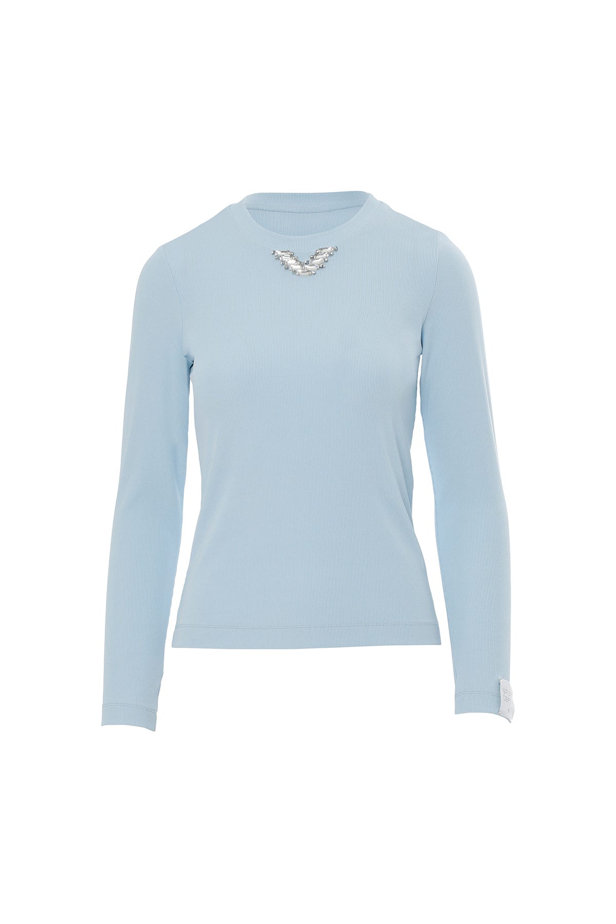 Kol Ucu Etiket Detaylı Yakası Taşlı Mavi T-Shirt