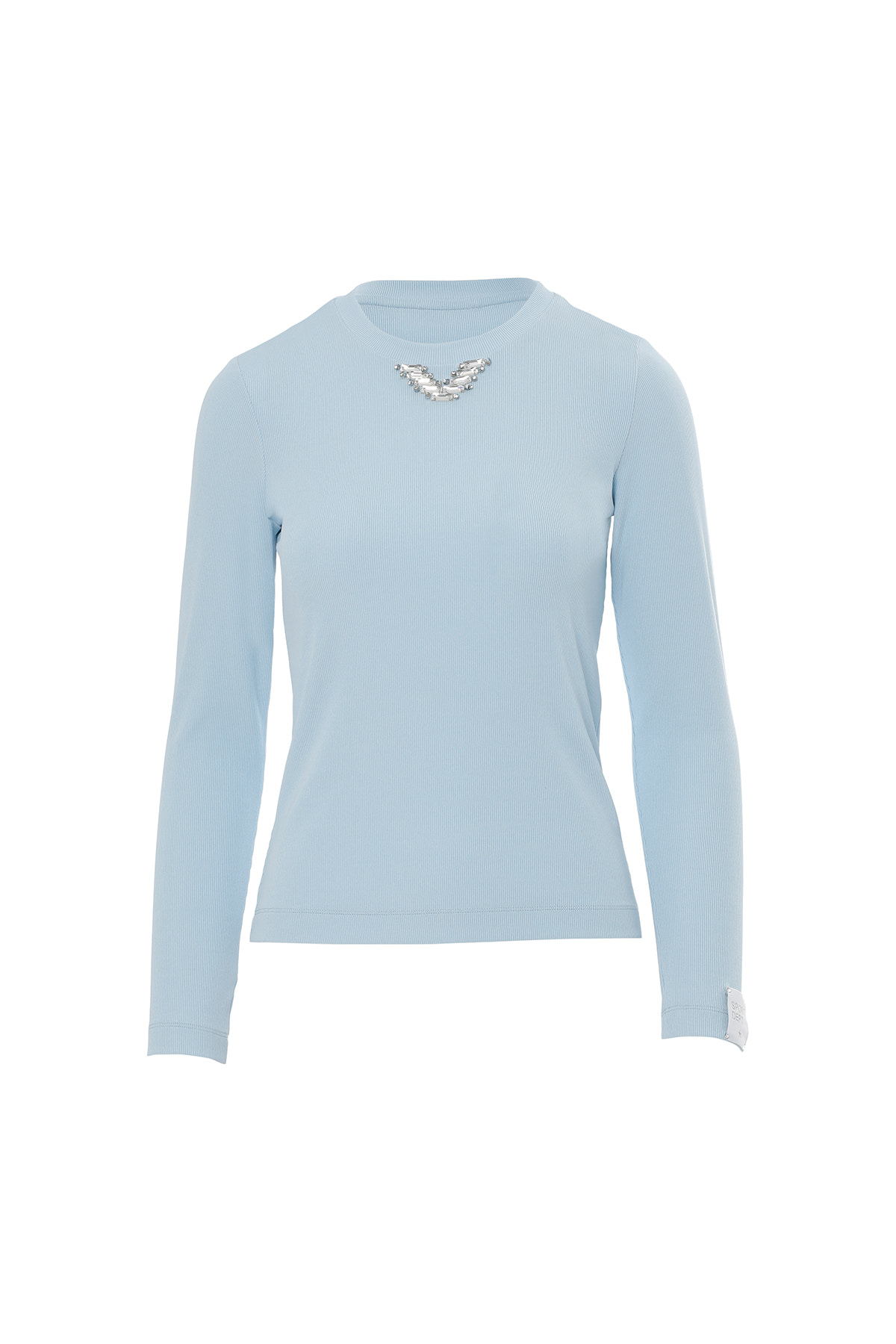 Kol Ucu Etiket Detaylı Yakası Taşlı Mavi T-Shirt