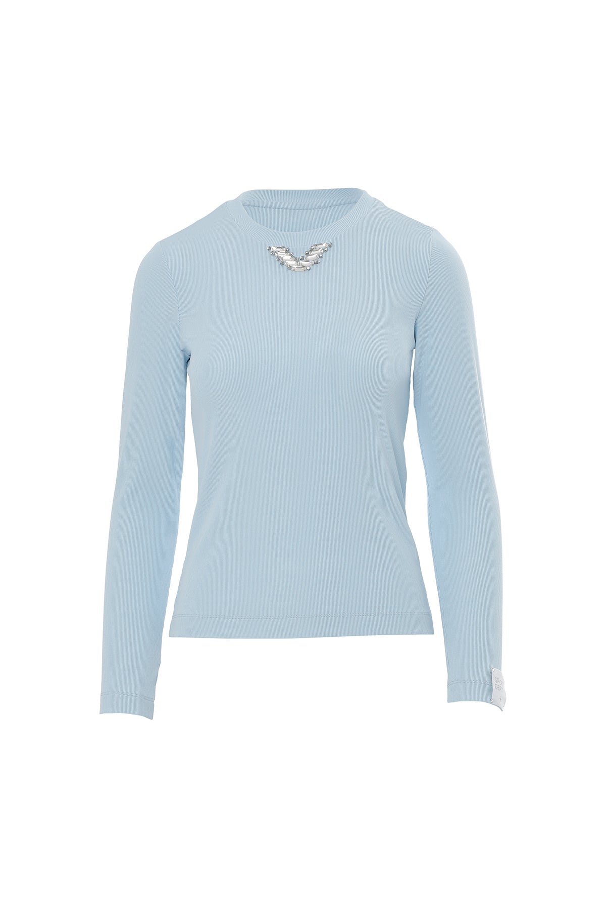 Kol Ucu Etiket Detaylı Yakası Taşlı Mavi T-Shirt