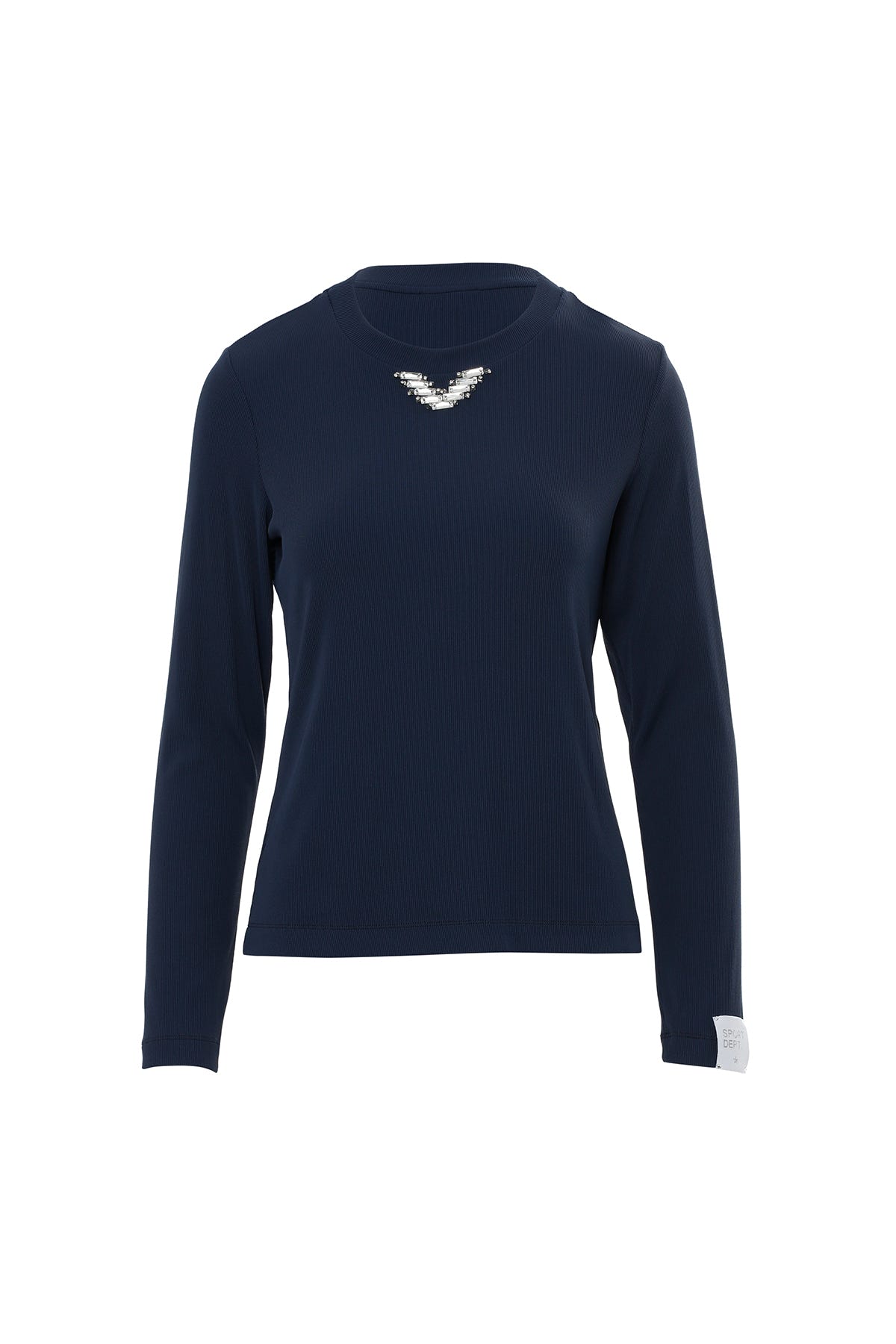 Kol Ucu Etiket Detaylı Yakası Taşlı Lacivert T-Shirt