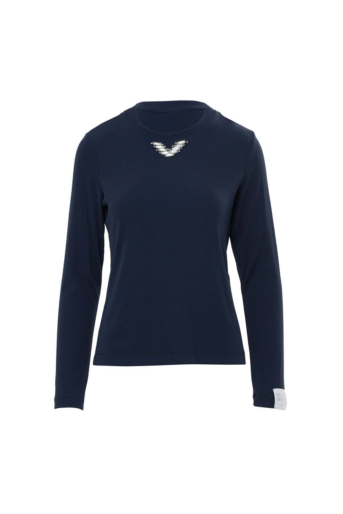 Kol Ucu Etiket Detaylı Yakası Taşlı Lacivert T-Shirt