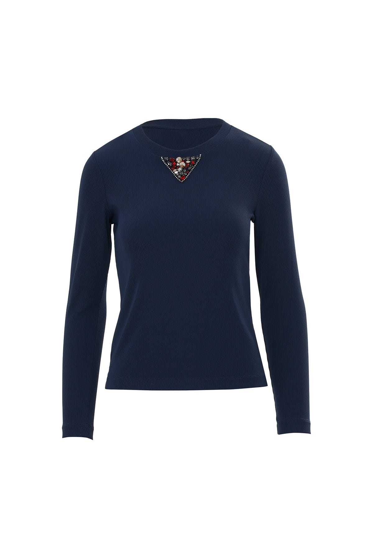 Yakası İşlemeli Bisiklet Yaka Lacivert T-Shirt