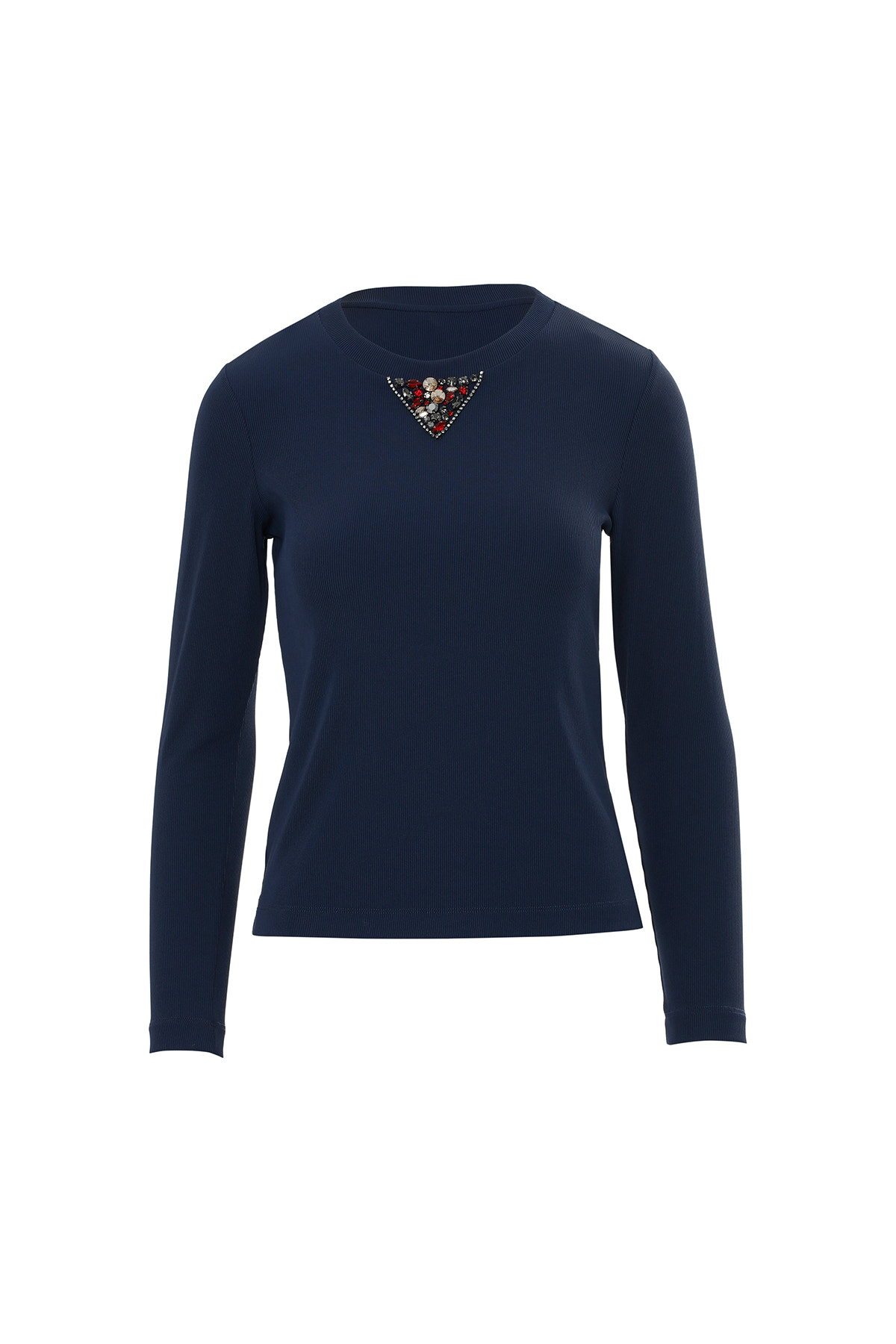 Yakası İşlemeli Bisiklet Yaka Lacivert T-Shirt