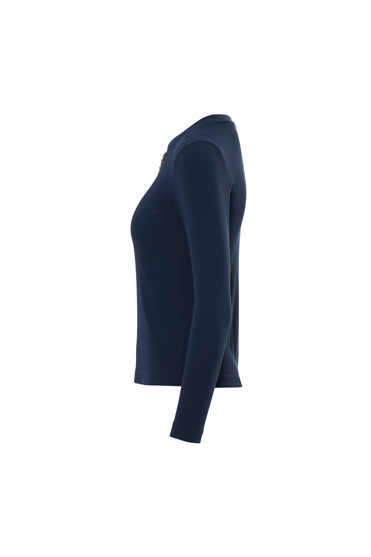 Yakası İşlemeli Bisiklet Yaka Lacivert T-Shirt