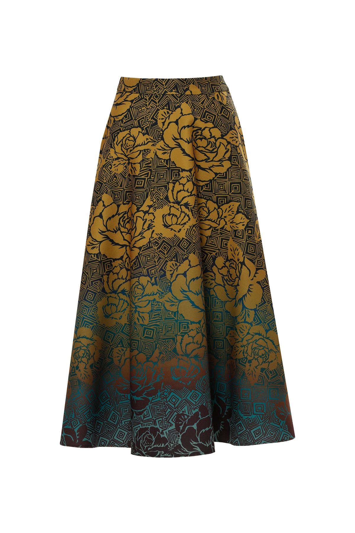 Kontrast Renk Geçişli Gül Desenli A Kesim Midi Boy Kaşe Safran Etek