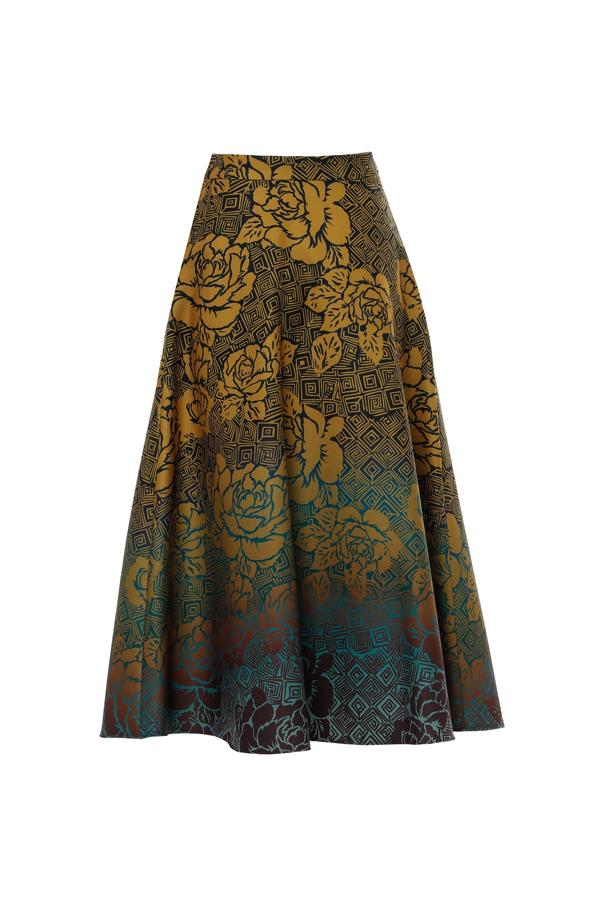 Kontrast Renk Geçişli Gül Desenli A Kesim Midi Boy Kaşe Safran Etek