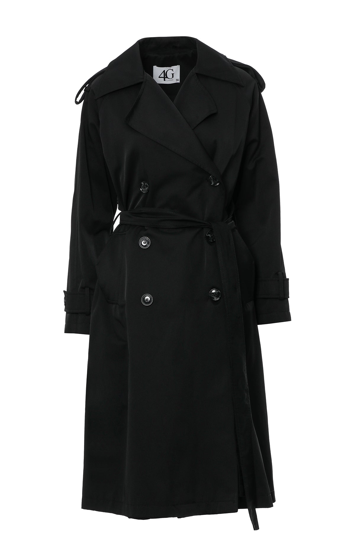 Uzun Kollu Beli Kemerli Siyah Trençkot