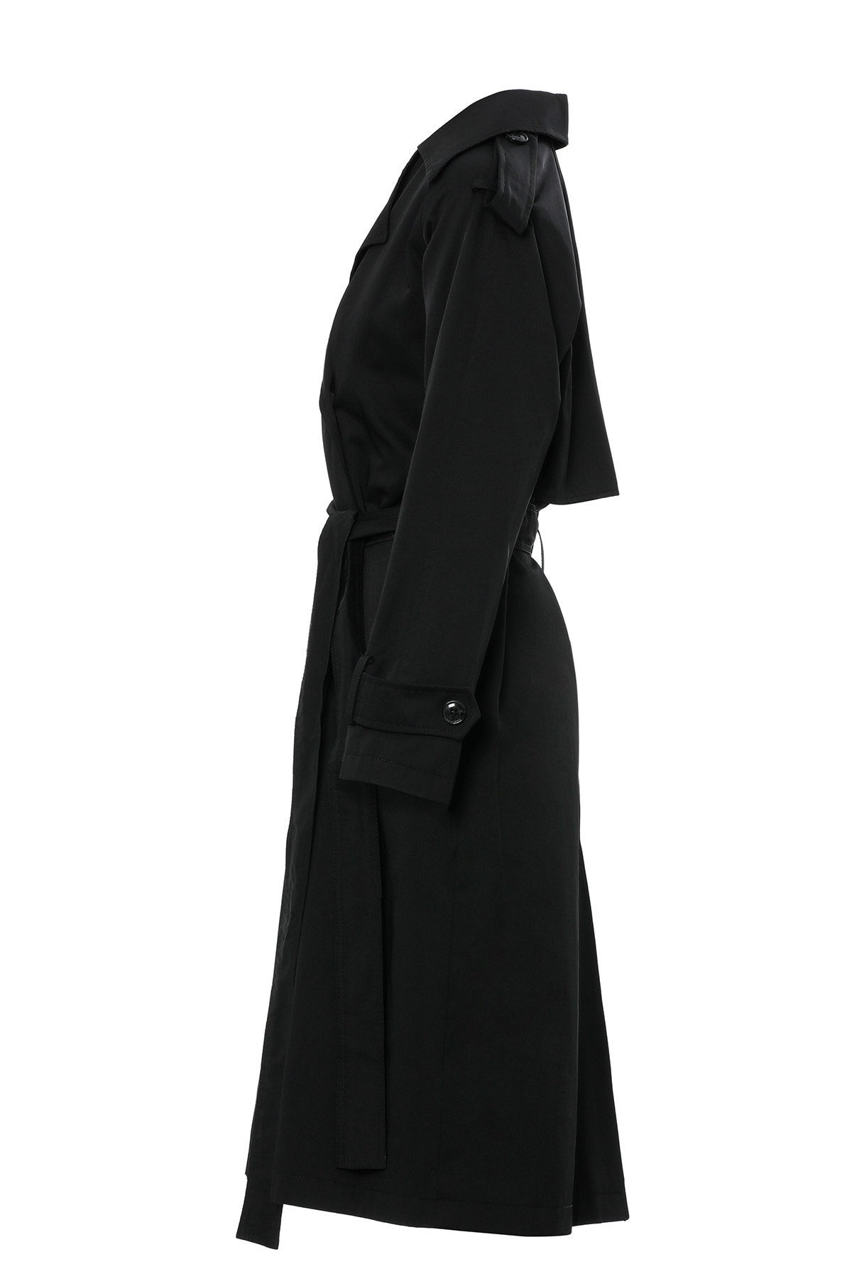 Uzun Kollu Beli Kemerli Siyah Trençkot