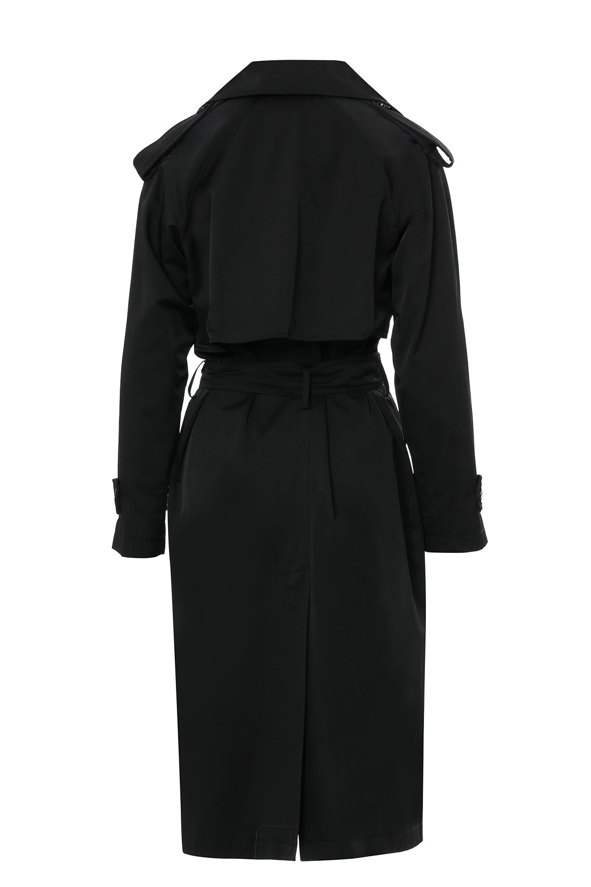 Uzun Kollu Beli Kemerli Siyah Trençkot