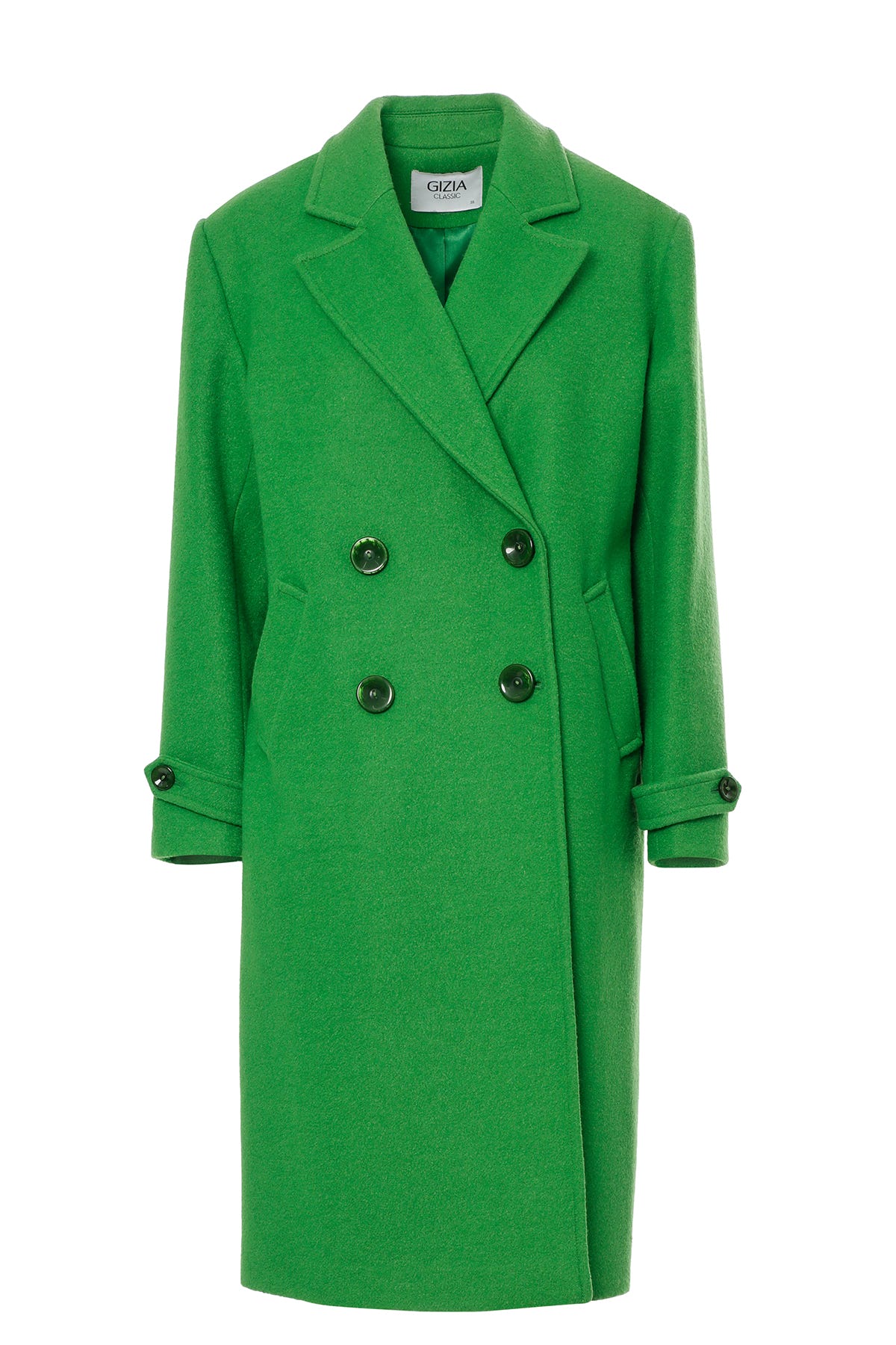 Arkası Yırtmaçlı Düşük Omuz Midi Boy Yeşil Kaşe Kaban