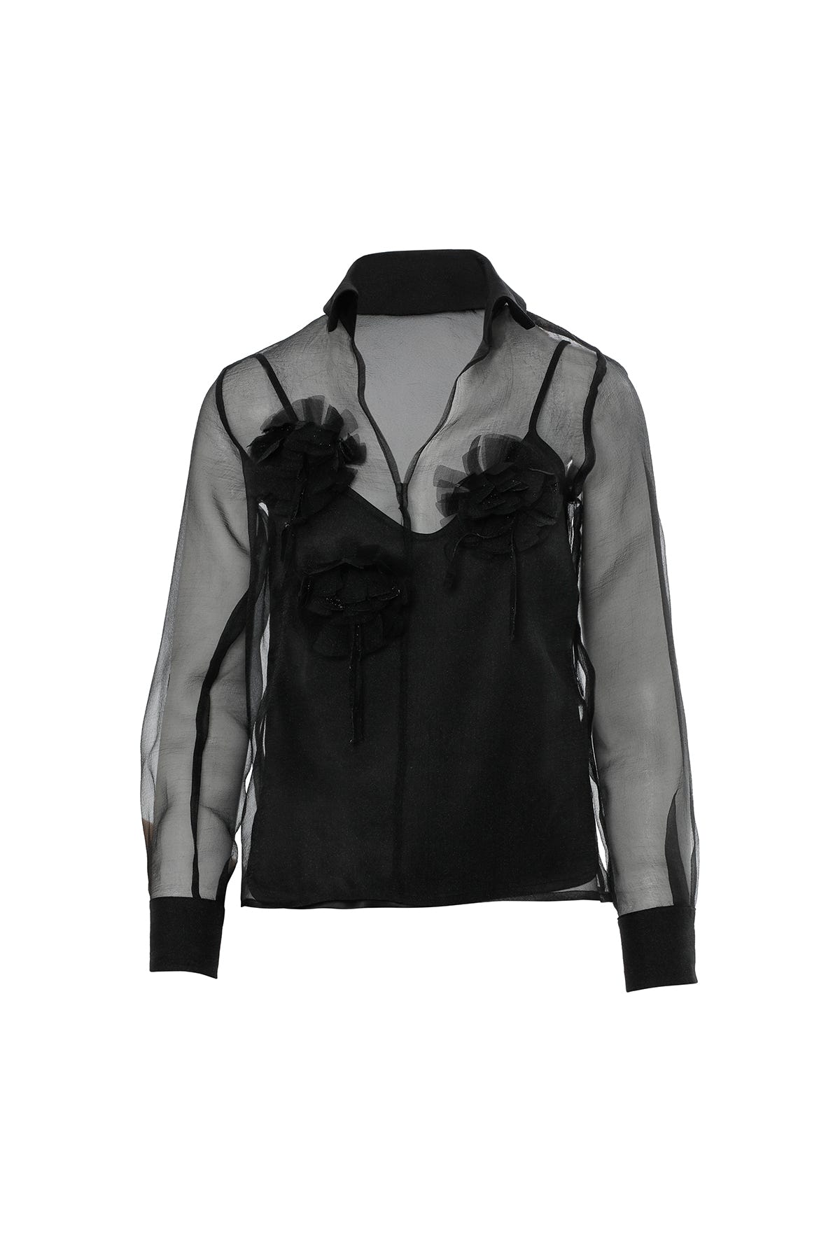 Uzun Kollu Çiçek Aksesuarlı Transparan Gömlek