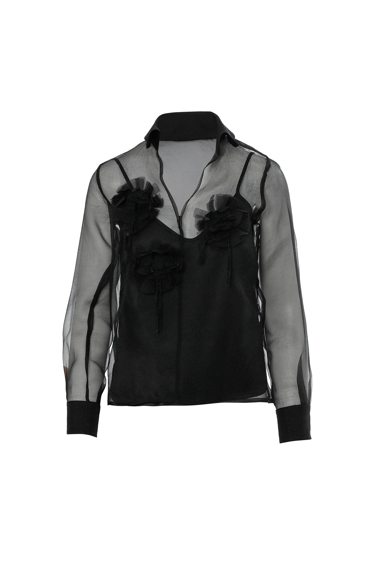 Uzun Kollu Çiçek Aksesuarlı Transparan Bluz