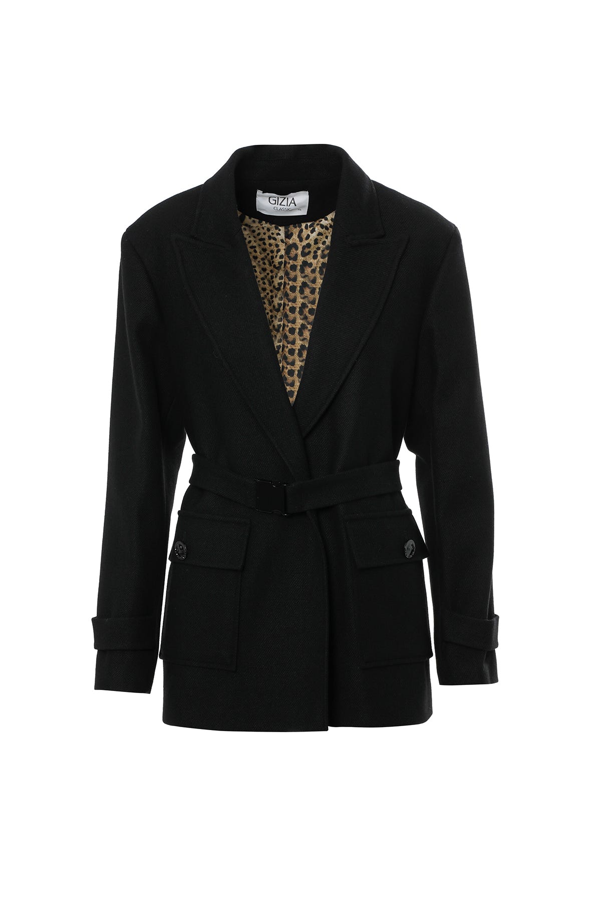 Kruvaze Yaka Kemerli Ve Cepli Ceket