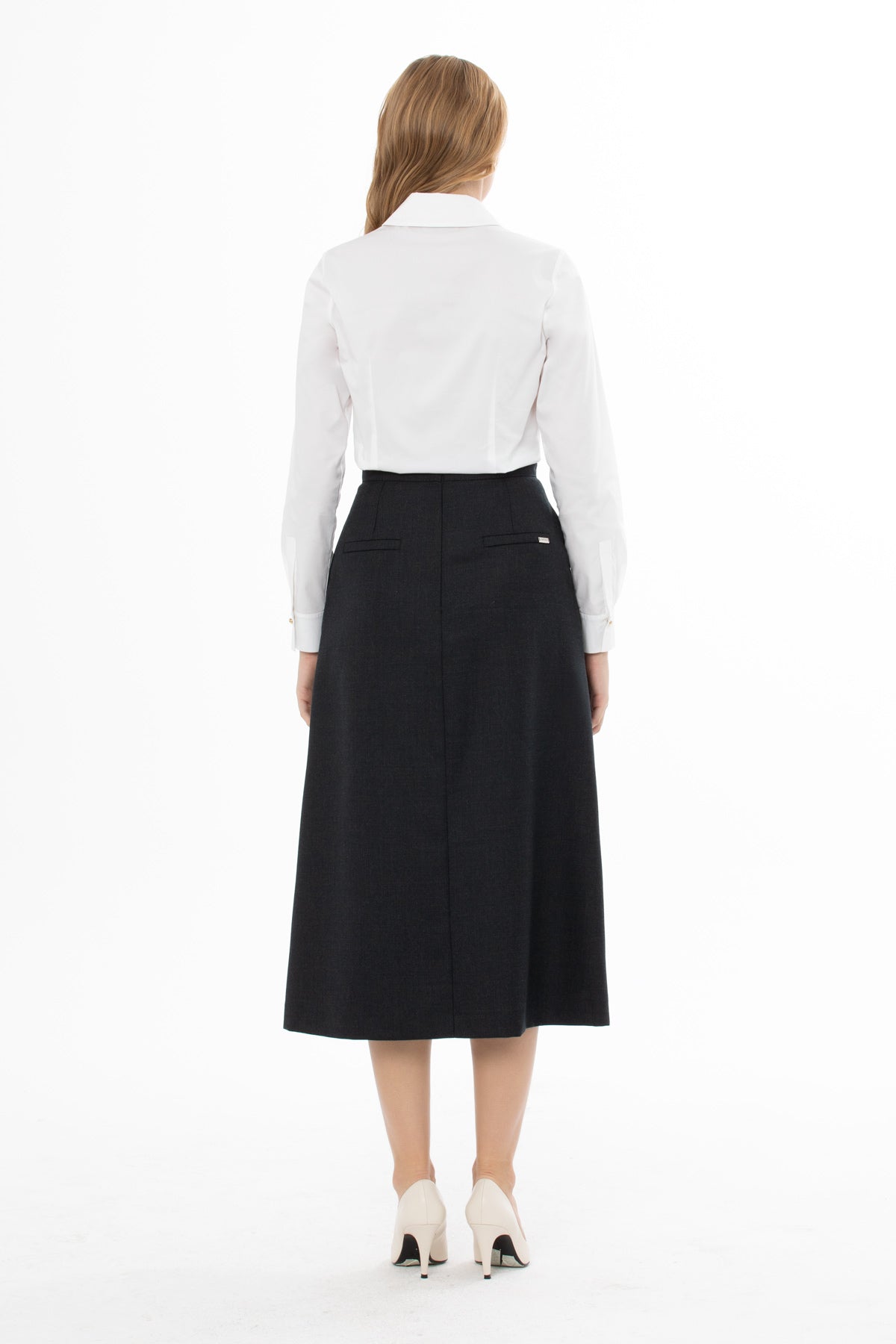 Arkası Fermuarlı Logo Detaylı Yünlü Kadın Etek