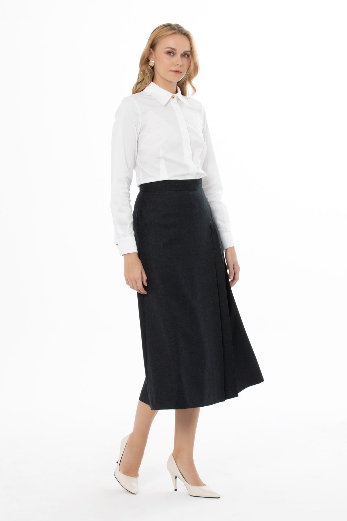 Arkası Fermuarlı Logo Detaylı Yünlü Kadın Etek