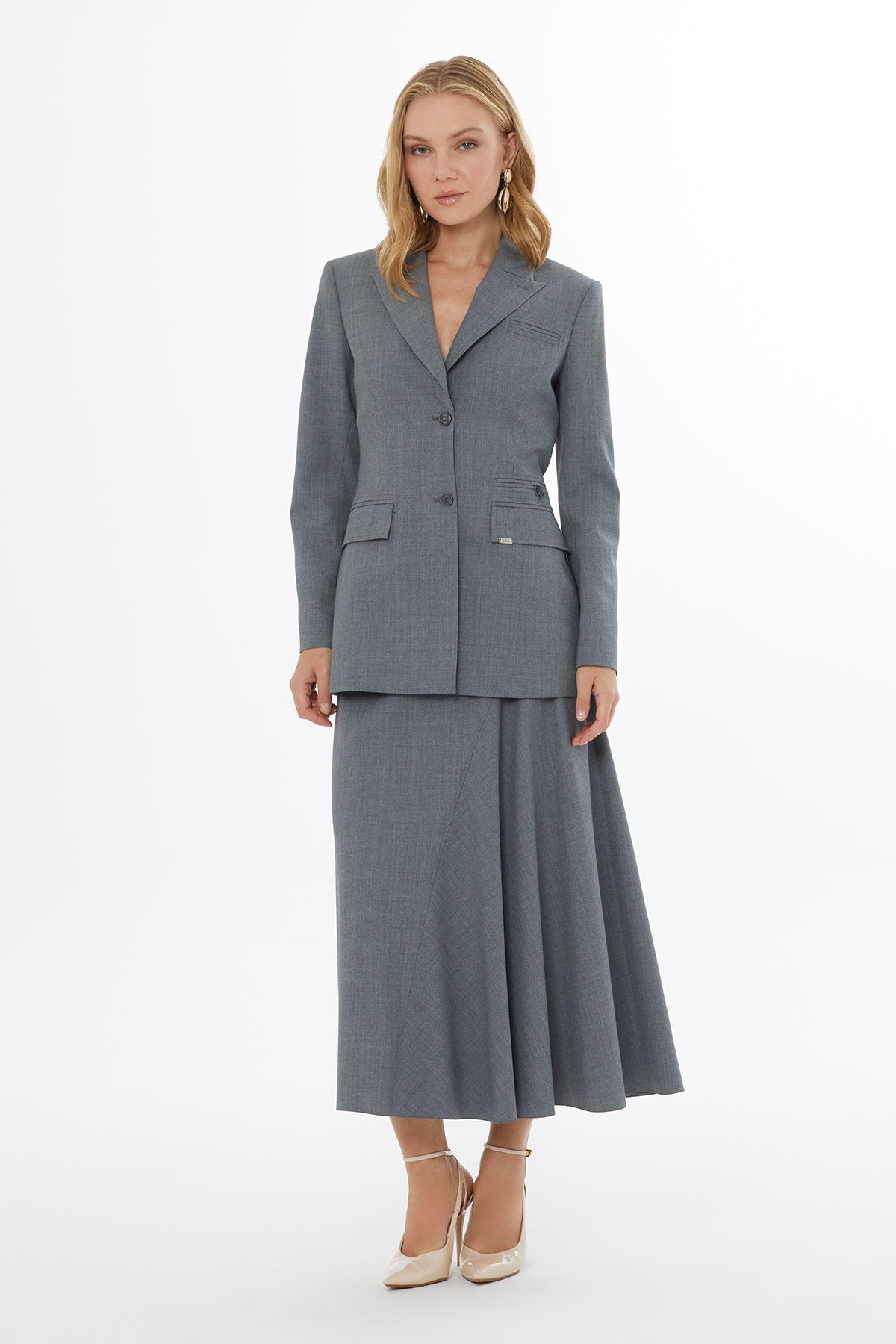 Ön Polyester Düğmeli Fileto Cepli Kadın Ceket