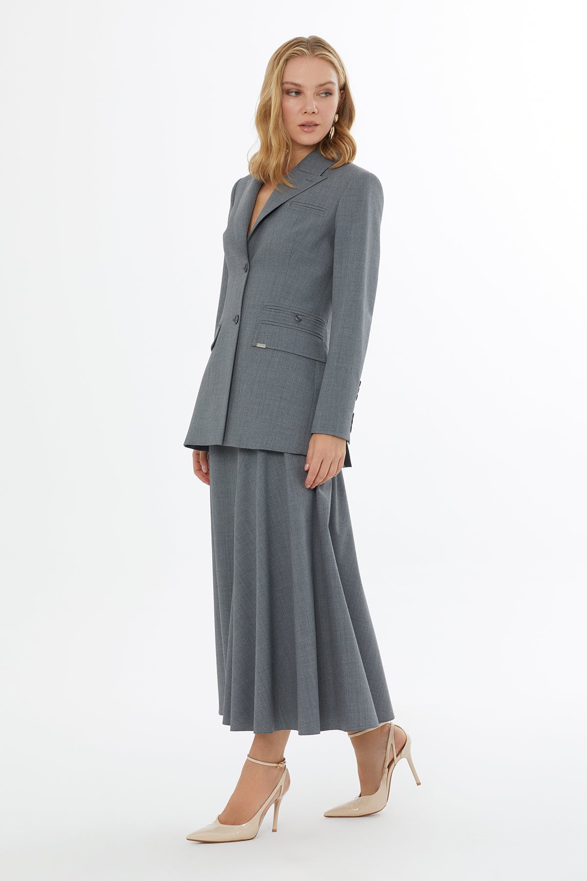 Ön Polyester Düğmeli Fileto Cepli Kadın Ceket