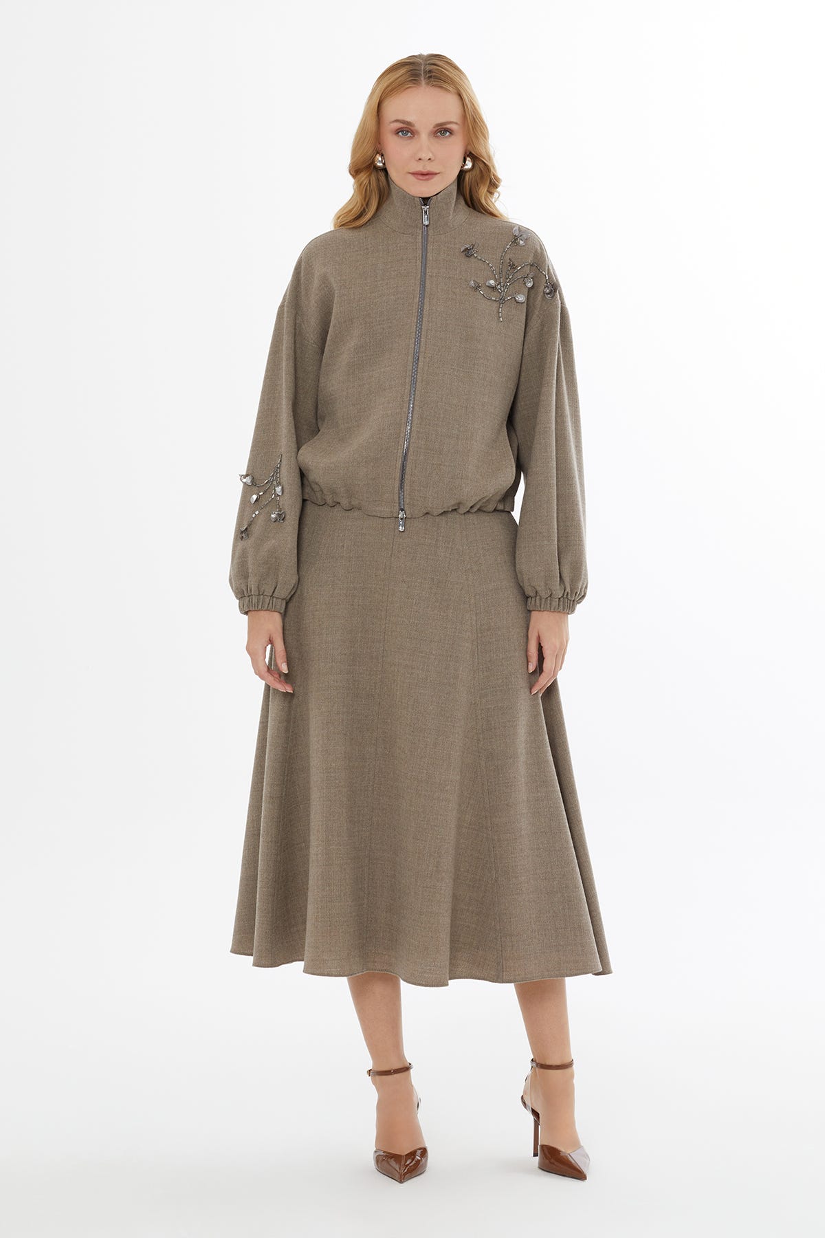 Metal Fermuarlı Yaka Ve Kol İşlemeli Ceket