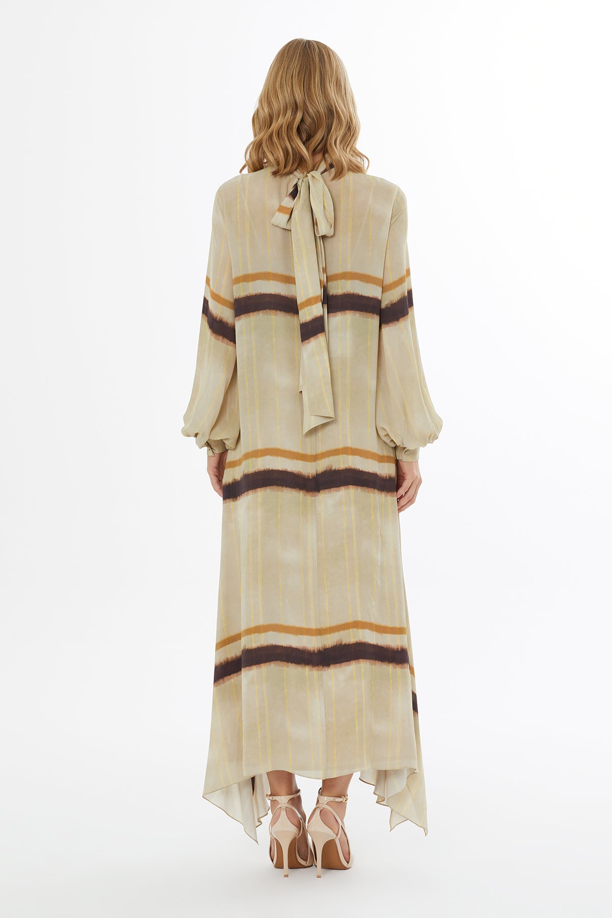 Arkadan Bağlamalı Uzun Kollu Astarlı Uzun Elbise