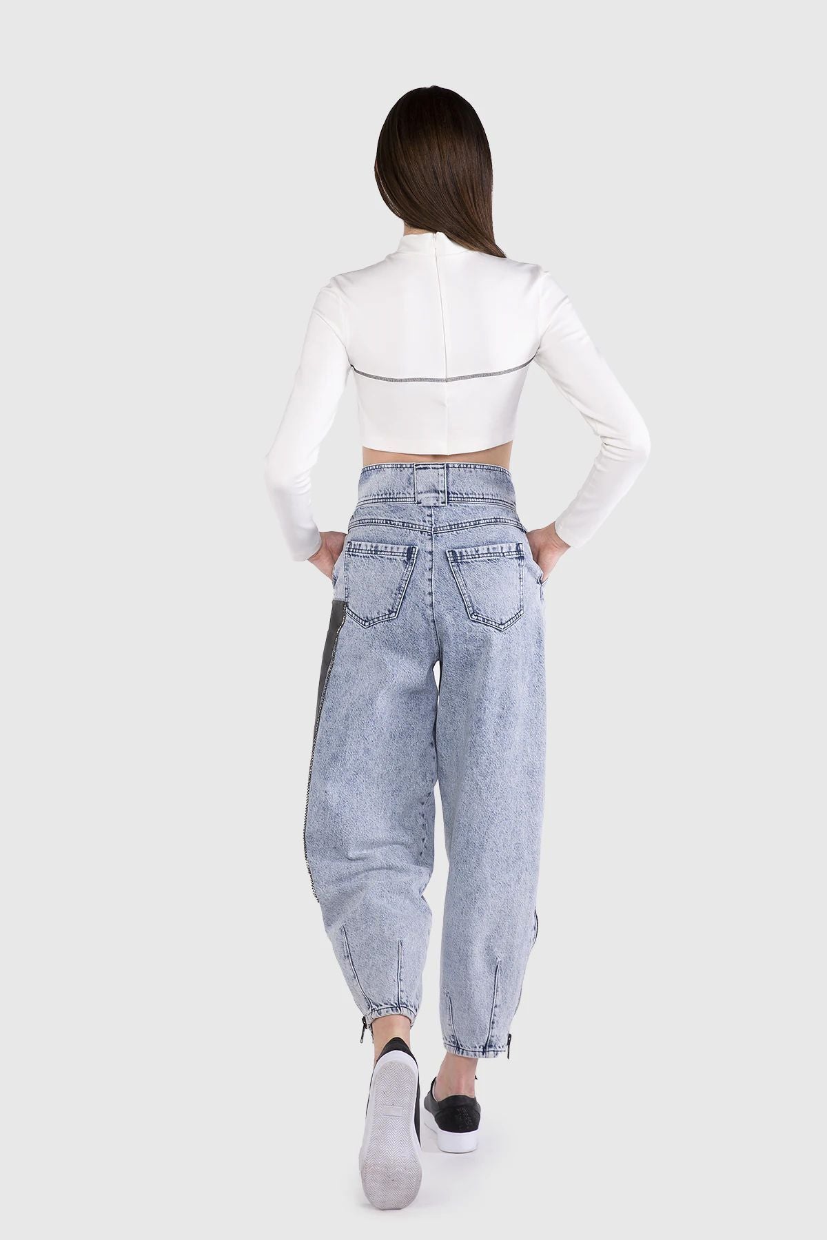 Yüksek Bel Straz İşlemeli Slouchy Jean Pantolon
