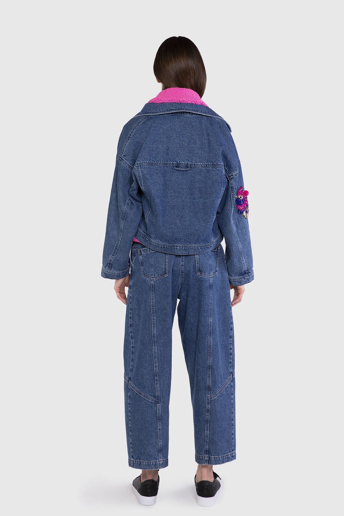 Yüksek Bel Geniş Paça İşleme Jean Pantolon