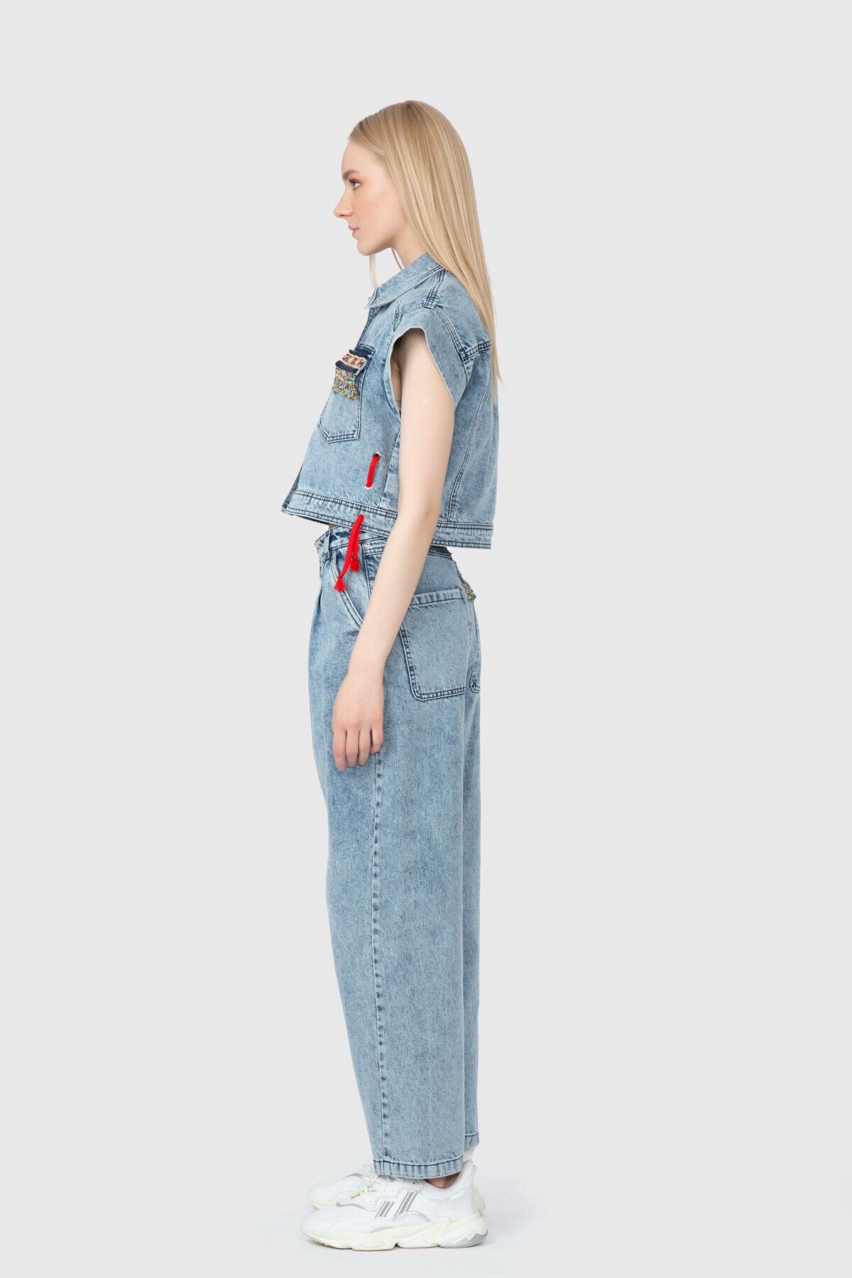 Boncuk Ve Etnik Şerit Detaylı Denim Yelek