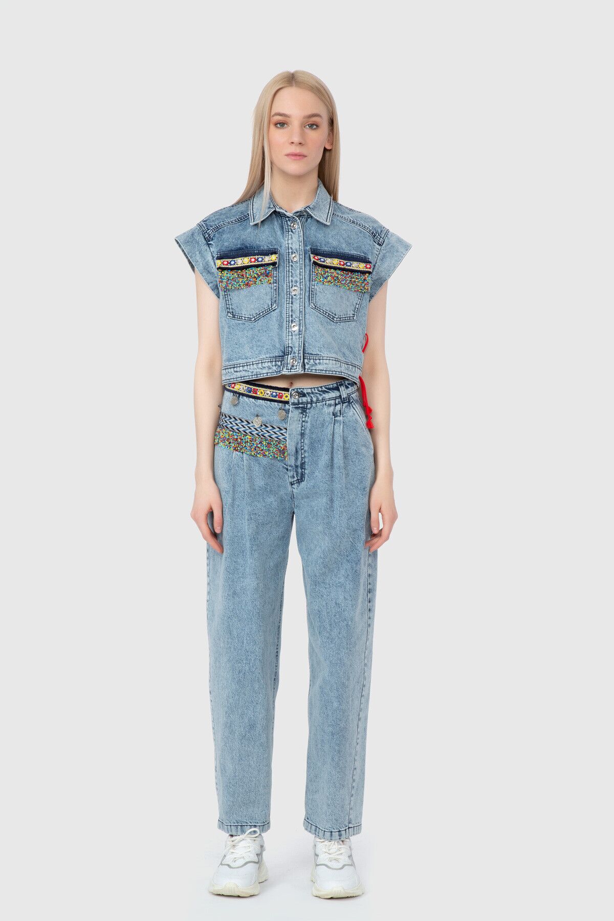 Boncuk Ve Etnik Şerit Detaylı Denim Yelek