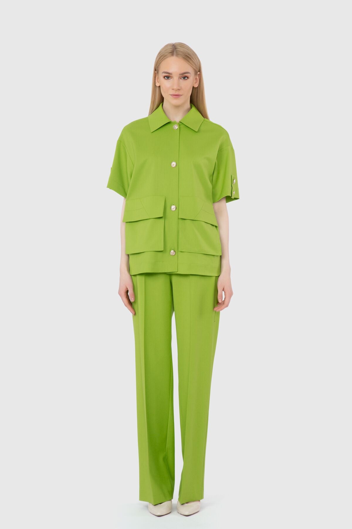 Oversize Metalik Düğmeli Yeşil Ceket