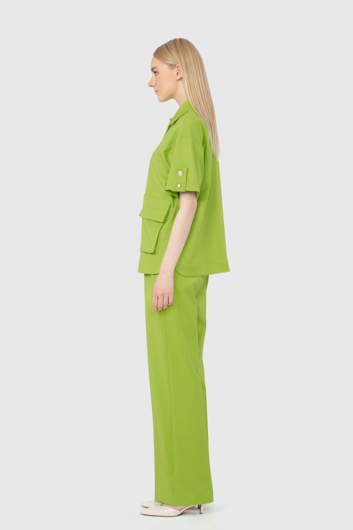 Oversize Metalik Düğmeli Yeşil Ceket