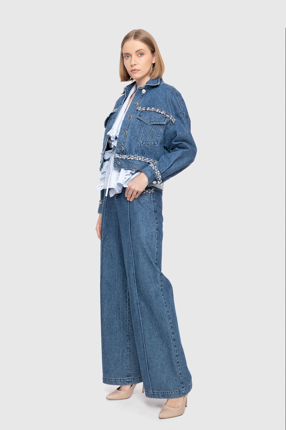 Püskül Şerit Detaylı Jean Ceket