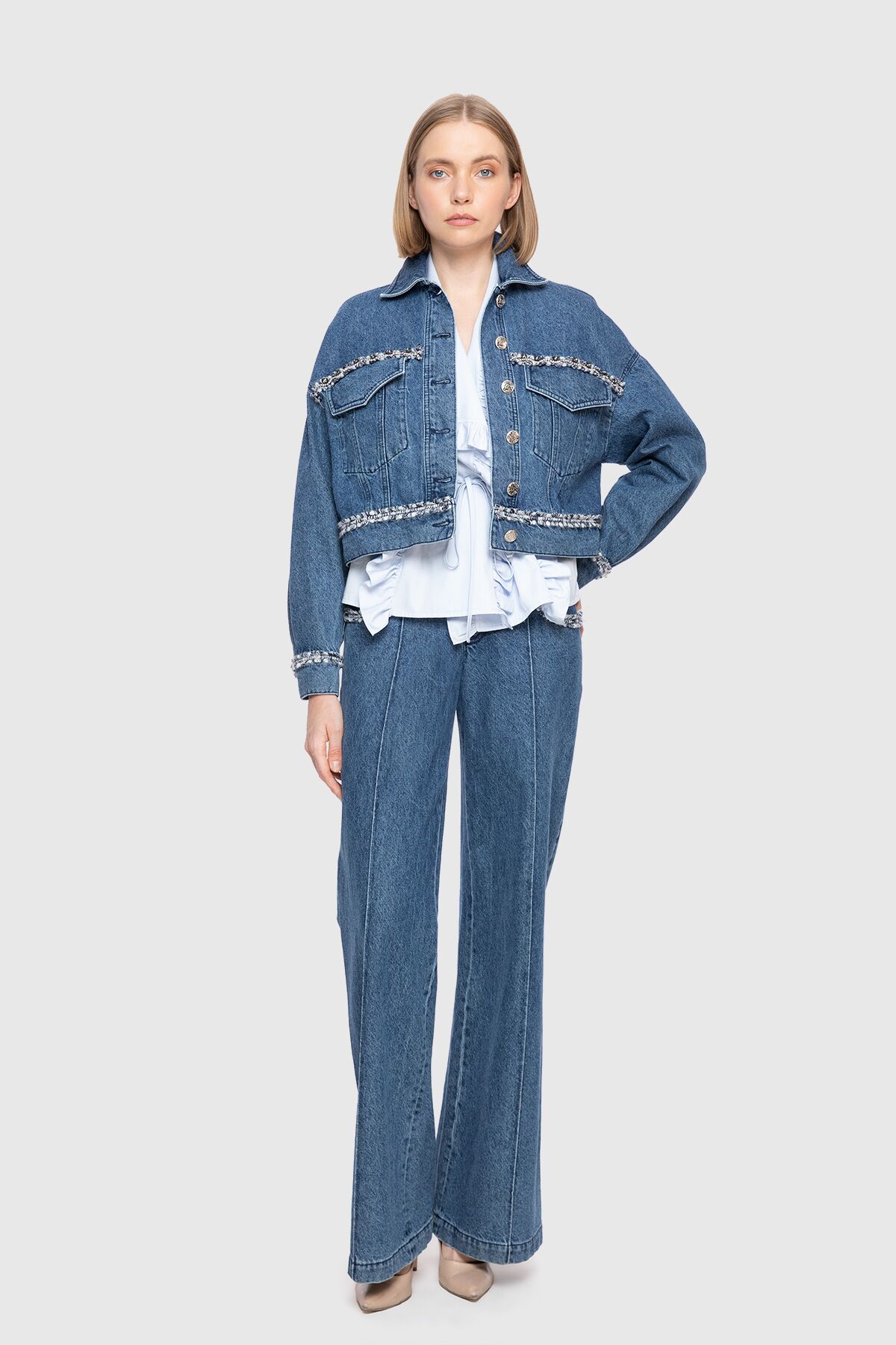 Püskül Şerit Detaylı Jean Ceket