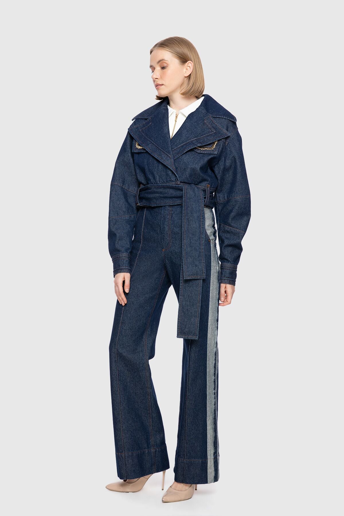 Kruvaze Kapama Fitil Dikişli Crop Jean Ceket