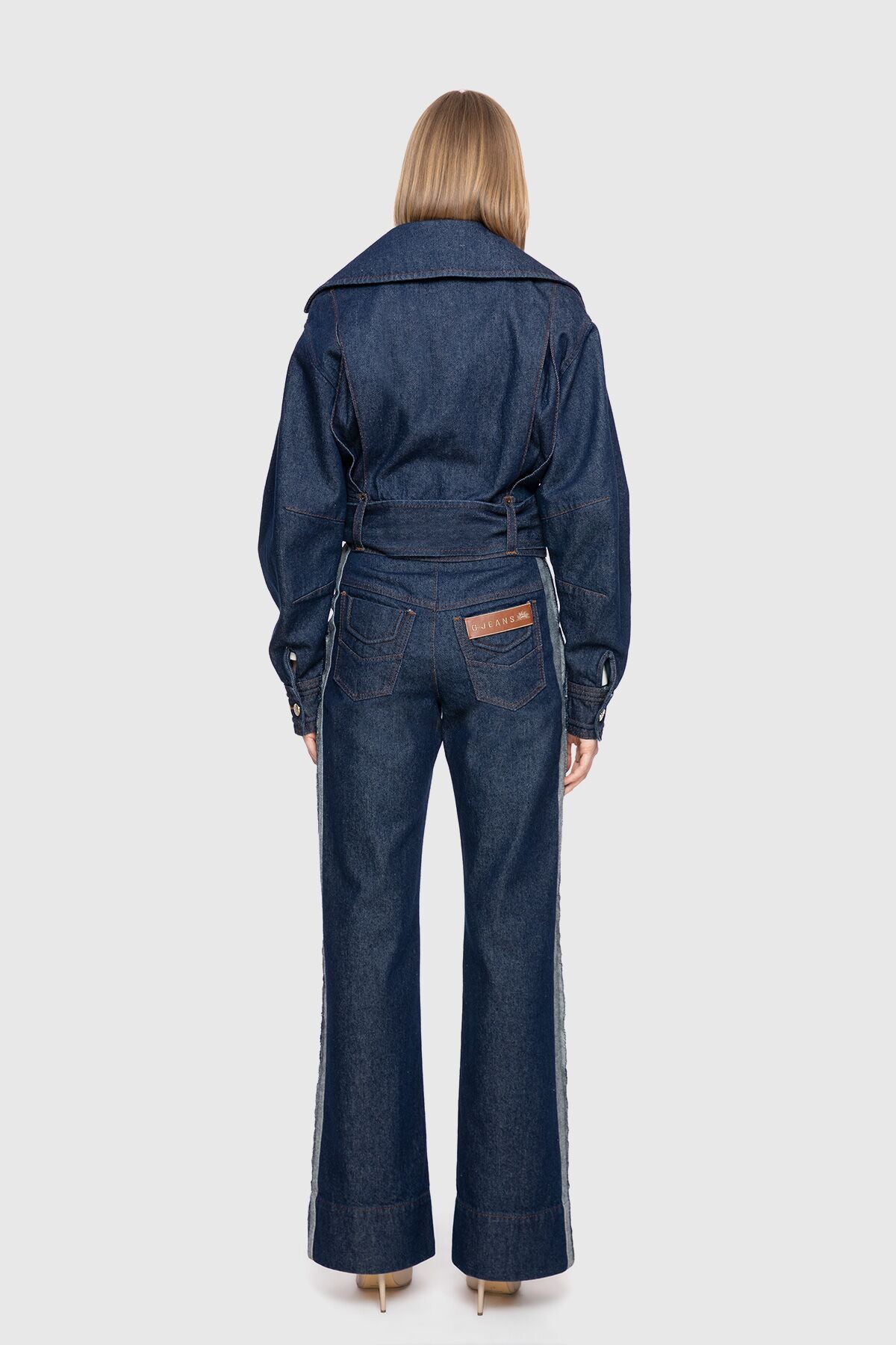 Kruvaze Kapama Fitil Dikişli Crop Jean Ceket